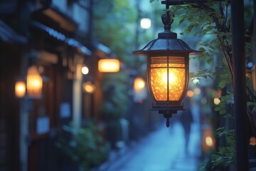 Old lantern glowing in a dark rainy street