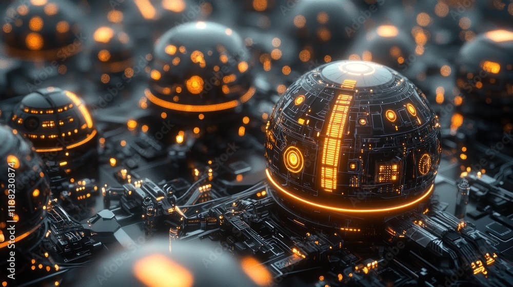 Poster futuristic technological sphere network: a 3d render of illuminated spheres interconnected on a circ