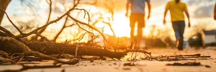 Community unites to clear storm debris under a vibrant sunset after recent severe weather