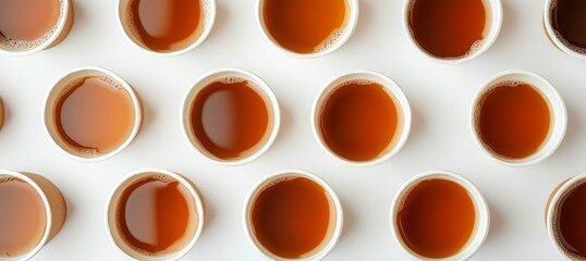 Overhead view of multiple disposable cups filled with brown liquid, arranged in rows on a white background.