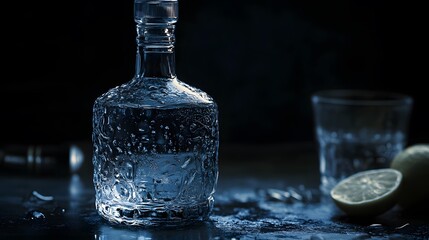 Crystal Clear Bottle with Water and Lemon in Dramatic Lighting