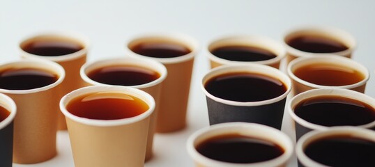 Many cups of coffee in disposable cups.