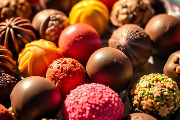 Assortment of fine chocolate candies, white, dark, and milk chocolate sweets background and chocolate day.
