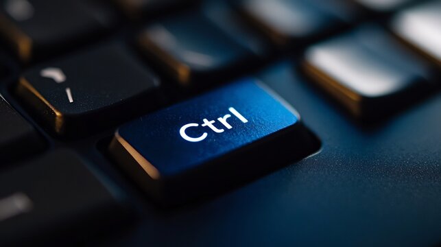 Close-up of a Blue Illuminated Ctrl Key on a Dark Keyboard