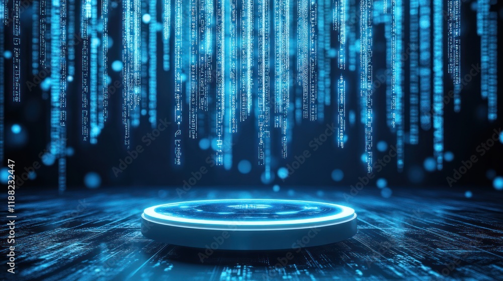 Poster Futuristic digital platform with cascading blue code streams