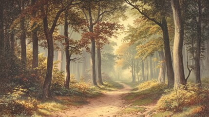 Naklejka premium Serene Forest Path Autumnal Sunlight Dappled Canopy