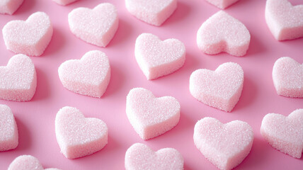 Fototapeta premium A soft pink background adorned with delicate hearts scattered across, creating a sweet and romantic atmosphere perfect for Valentine’s Day greetings and love-themed designs