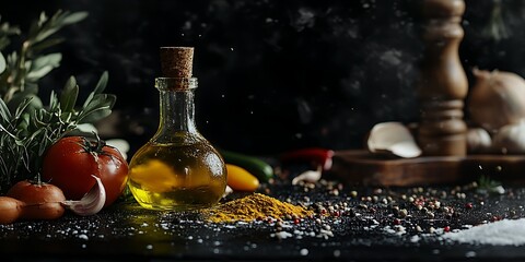 A rustic kitchen scene featuring olive oil, spices, and fresh vegetables for cooking.