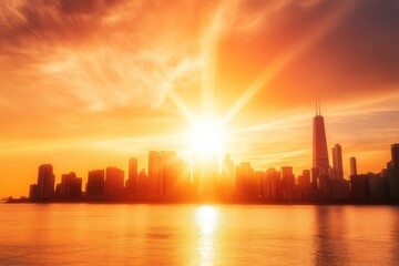 Fototapeta premium Urban skyline blazes under the scorching sun, showcasing the urban heat island effect at dusk