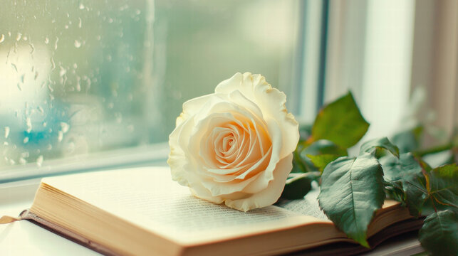 beautiful white rose rests on open book by rainy window, creating serene atmosphere - Powered by Adobe