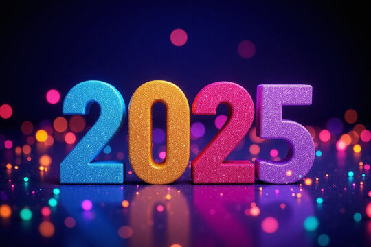 Year 2025 in bold glittery multicolored digits with bokeh