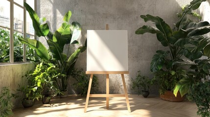 Blank canvas on easel surrounded by lush green plants