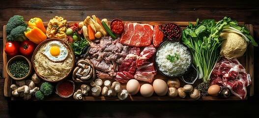 Fototapeta premium A vibrant assortment of fresh ingredients for a meal preparation.