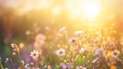 Sunlit wildflower meadow at golden hour with daisies