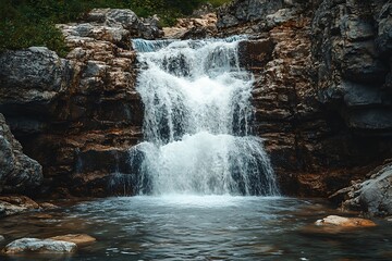 A majestic waterfall cascading down a steep cliff, breaking through rocky barriers, symbolizing unstoppable force and freedom
