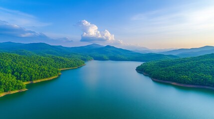 Fototapeta premium Serene mountain lake under clear blue sky surrounded by lush green forest