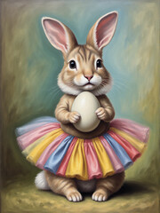 Fototapeta premium A whimsical and colorful illustration of a rabbit in a tutu, holding an egg, perfect for Easter-themed designs.