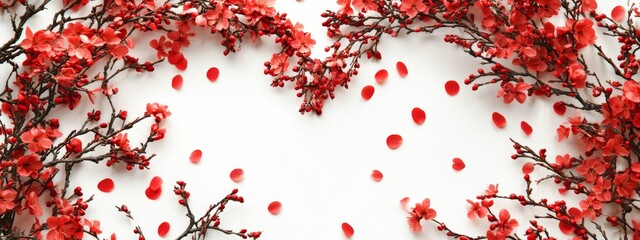 Obraz premium Red flowers arranged in heart shape on white background.