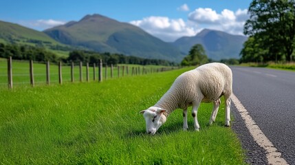 Scenic Landscape with Grazing Sheep in Lush Green Field by a Road with Mountains and Blue Sky in the Background, Perfect for Nature and Rural Themes