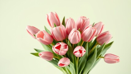Obraz premium A delicate bouquet of soft pink tulips with lush green foliage, capturing the essence of springtime beauty and grace.
