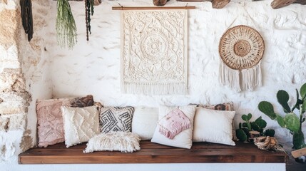 Bohemian Decor Adorns Rustic Wooden Bench With Pillows