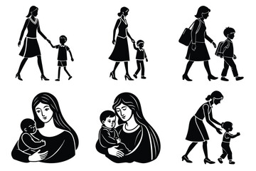 Happy Mothers' Day silhouette set. Mother with child playing, walking, holding vector illustration. Mother's Day icon design collection