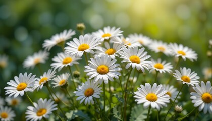Fototapeta premium A close-up of a field of white daisies with yellow centers, bathed in sunlight, creating a serene and vibrant atmosphere.