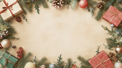 A festive Christmas layout featuring beautifully wrapped gifts, pinecones, and decorative baubles against a warm background.