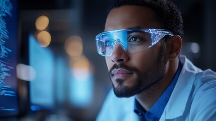 Fototapeta premium Focused african male scientist examining data on computer screens