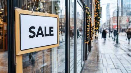 Sale sign in boutique window with reflections and holiday lights