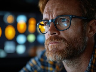 Caucasian male adult observing data on screen with focused expression and glasses