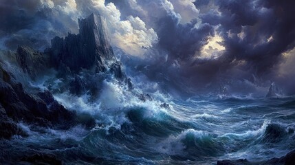 Fototapeta premium Dark Stormy Seas Crash Against Rugged Cliffs