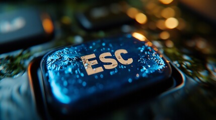 Escape Key Macro Photography: Water Droplets on a Blue Keyboard Button