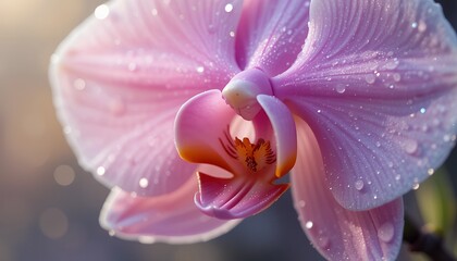 Fototapeta premium Close-up of a pink orchid flower with water droplets, captured in soft natural light.