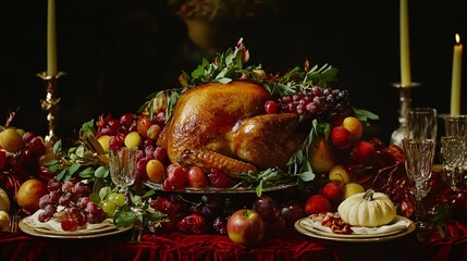 A beautifully arranged Thanksgiving feast with a golden brown turkey surrounded by vibrant fruits and festive decorations.