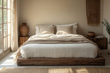 A minimalist bedroom with a wooden bed frame and linen sheets, accented by clay pottery
