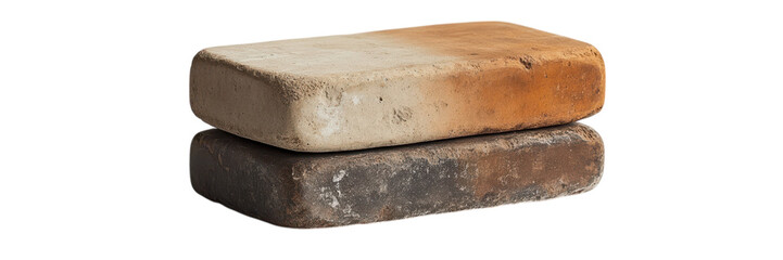 Fototapeta premium Asymmetrical Brick Stack, three bricks arranged in a unique formation, minimalistic aesthetic, set against a clean white backdrop