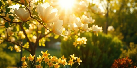 Obraz premium Sunlight filtering through the delicate petals of magnolia blossoms and the vibrant yellow daffodils in the foreground