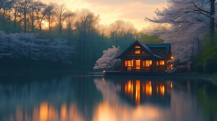 Fototapeta premium Illuminated Lakeside Cabin at Sunset Amongst Trees
