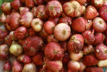 A close-up image of a pile of red onions. The onions are a deep burgundy color with visible layers...
