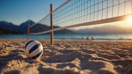 Beach Volleyball Scene at Sunset with Sandy Court and Calm Waters in the Background, Ideal for Summer Sports and Outdoor Activities