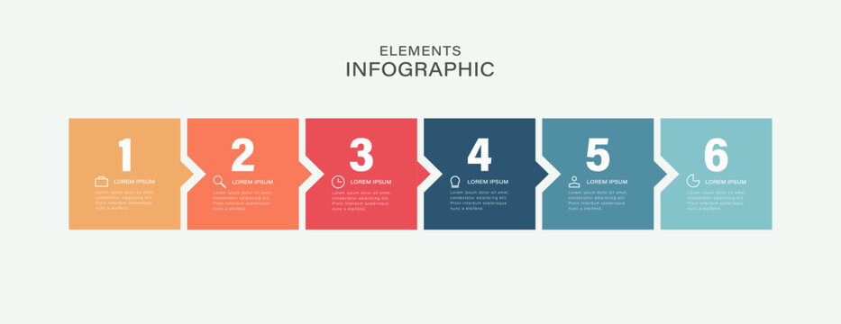 Business process. Timeline infographics with 6 steps, options, squares. Vector template.