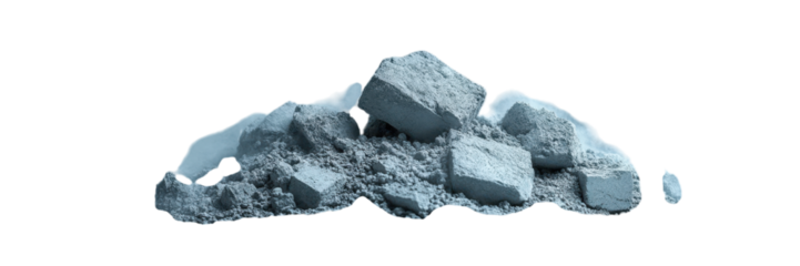 Cement Pile Surrounded by Dust, A compact arrangement of gray cement amidst a cloud of fine dust, set against a clean white backdrop