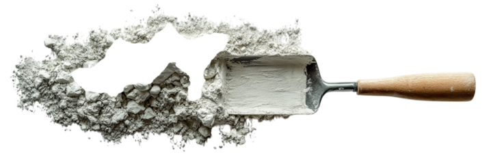 Cement Dust and Trowel, a minimalist setup showcasing construction materials, emphasizing texture and simplicity against a clean backdrop