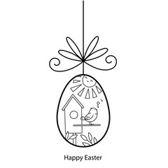Easter egg. Birdhouse and bird. Design element for card. Outline illustration isolated on white background. 