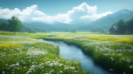 Fototapeta premium Serene Mountain Meadow Landscape With Stream And Cabin