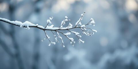 A delicate snow-covered branch against a hazy, soft-focus backdrop, capturing the quiet beauty of a winter wonderland