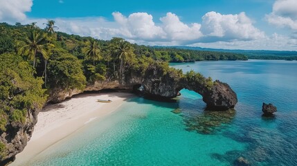 Serene Tropical Beach with Crystal Clear Water and Lush Greenery Surrounded by Stunning Rock Formations Under a Bright Blue Sky