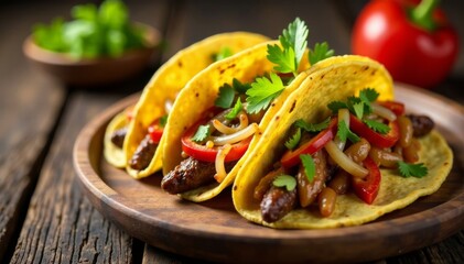 Spicy tacos with sautéed onions and bell peppers on a wooden platter , platter, spice, tacos