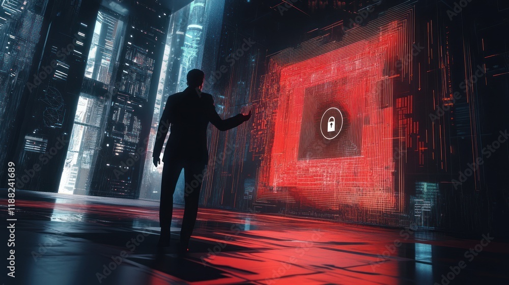 Poster Man Interacts With Futuristic Digital Security Interface